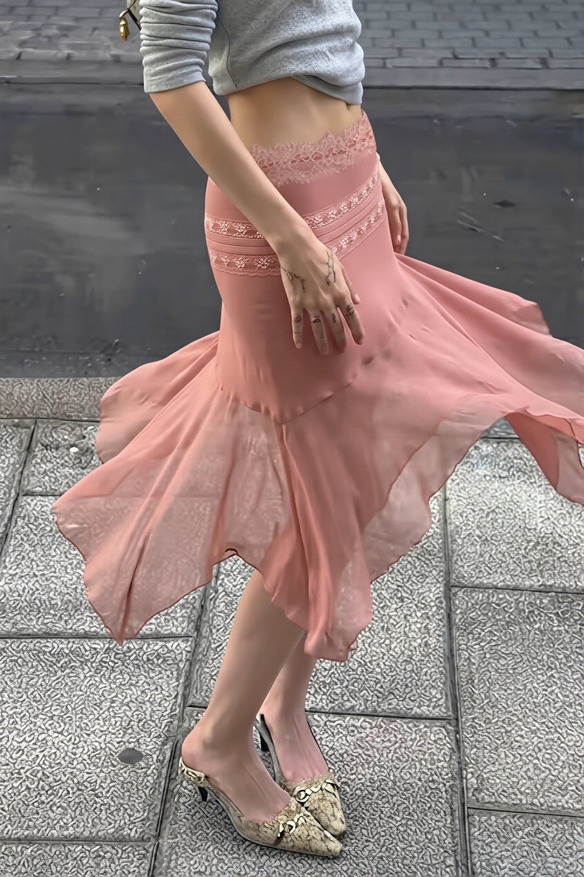 Lace Trim Asymmetric Mermaid Skirt