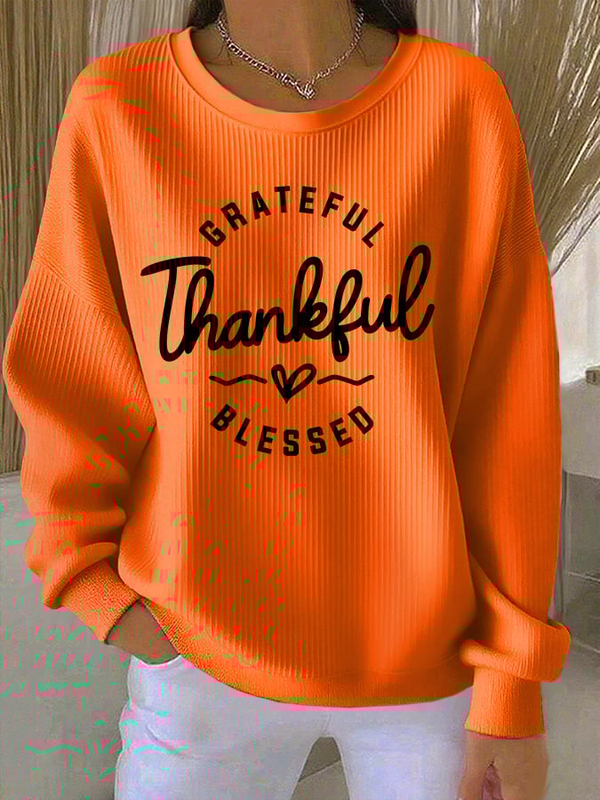Women's Casual Vintage Grateful Thankful Blessed Textured Sweatshirt