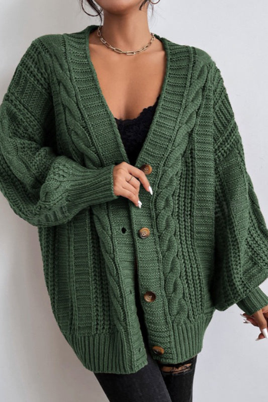 Oversized Cable Knit V Neck Button Cardigan