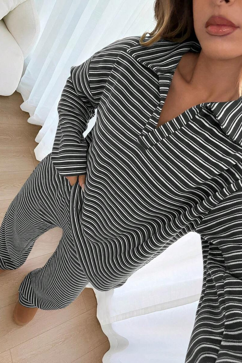 Contrast Stripe Collared Lounge Pants Set