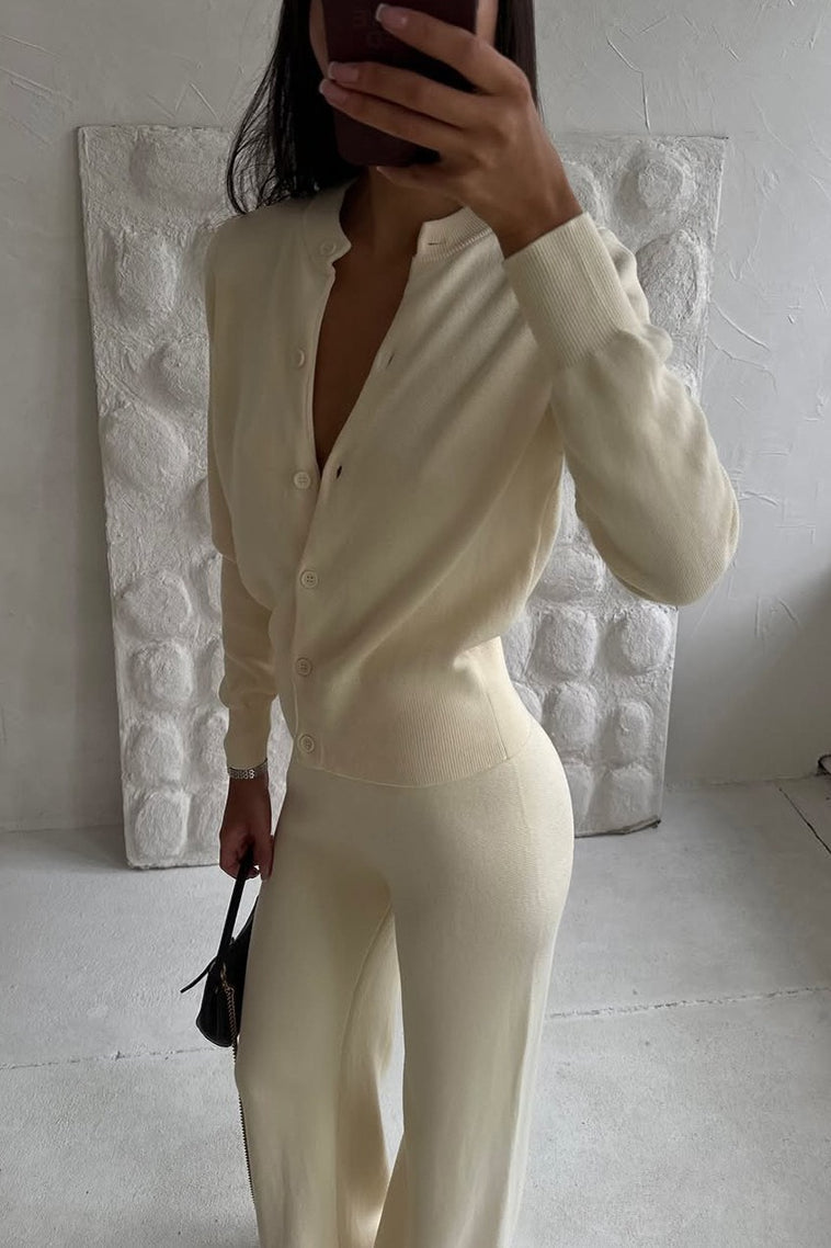 Solid Cardigan Wide Leg Pants Knit Set