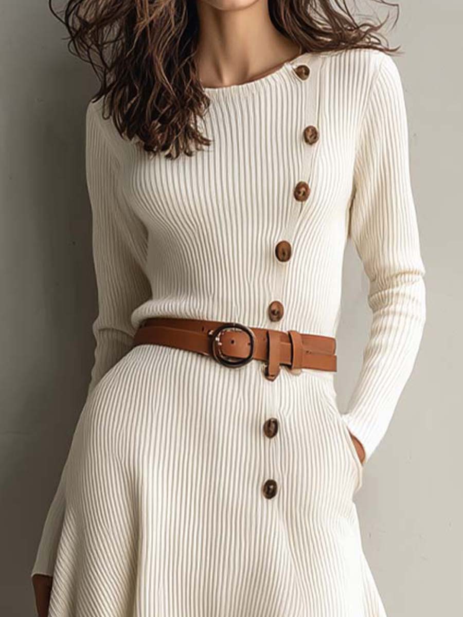 Cream Knit Midi Dress With Asymmetrical Button Detail