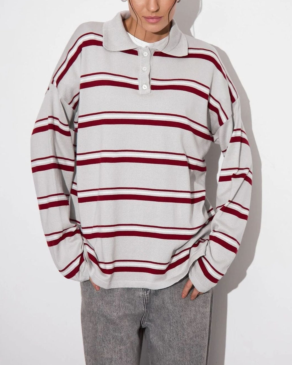Relaxed Collared Striped Long Sleeve Blouse