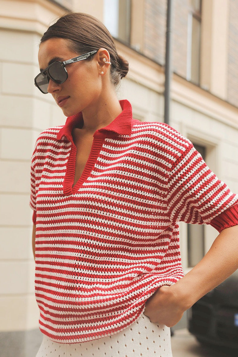 Striped Open Collar Short Sleeve Knit Sweater