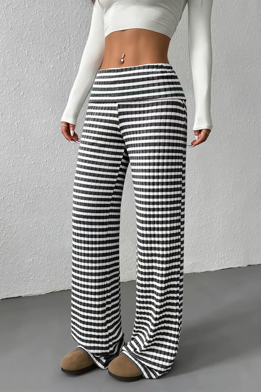 Striped Knit Straight Leg Pants