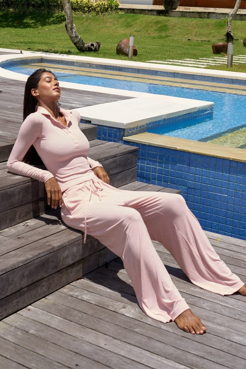 Collared Button Knit Top Straight Pants Set