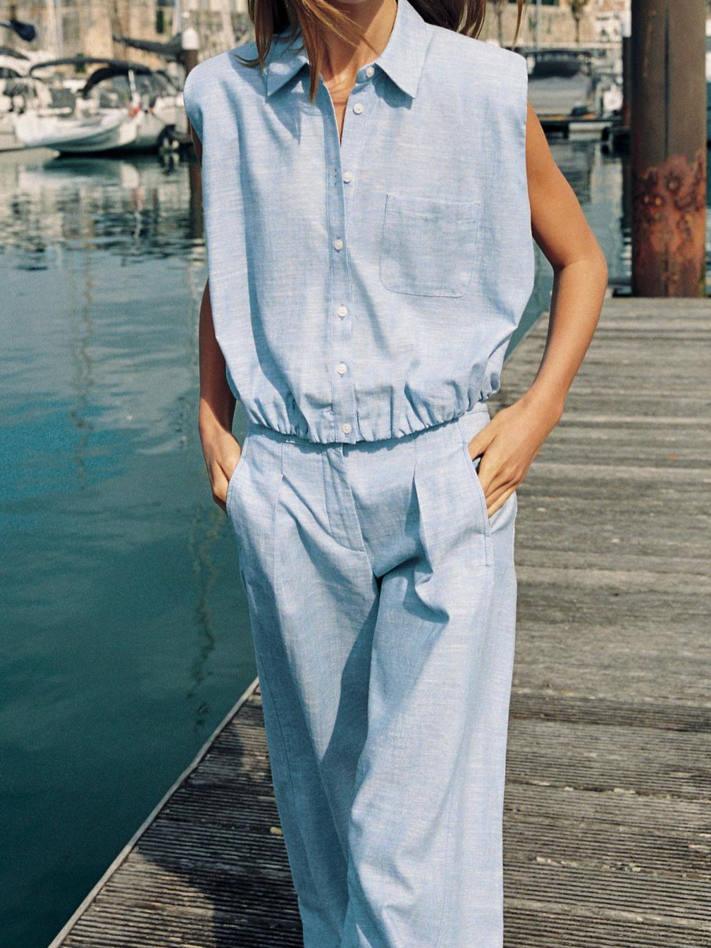 Lapel Sleeveless Top High Waist Wide Leg Pants Two-Piece Set