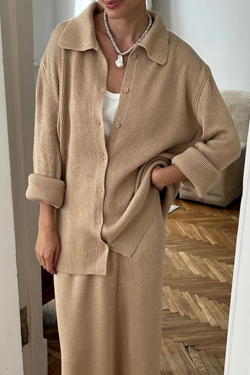 Polo Cardigan Midi Skirt Knit Set