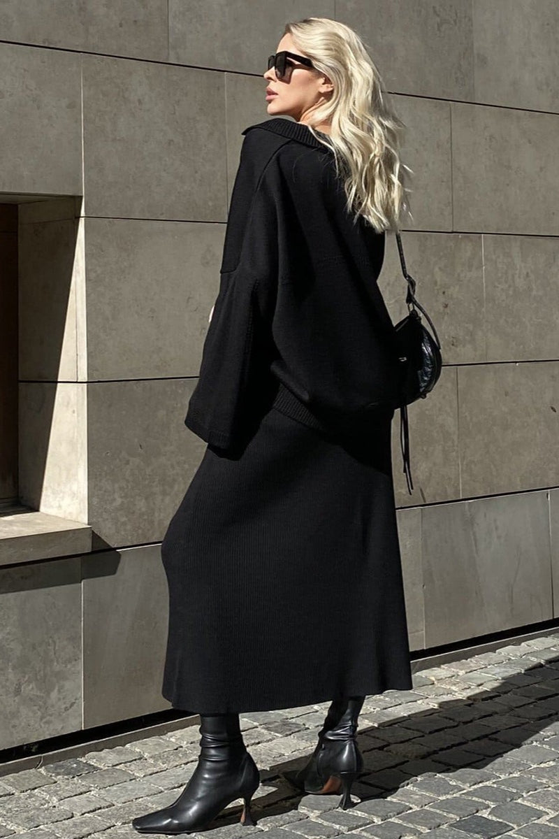 V Neck Sweater Midi Skirt Knit Set