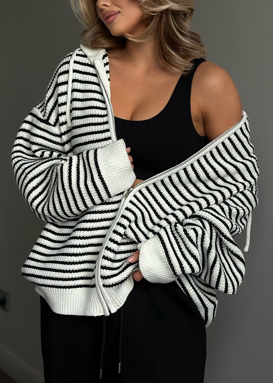 Retro Color Block Loose Zip Knit Cardigan