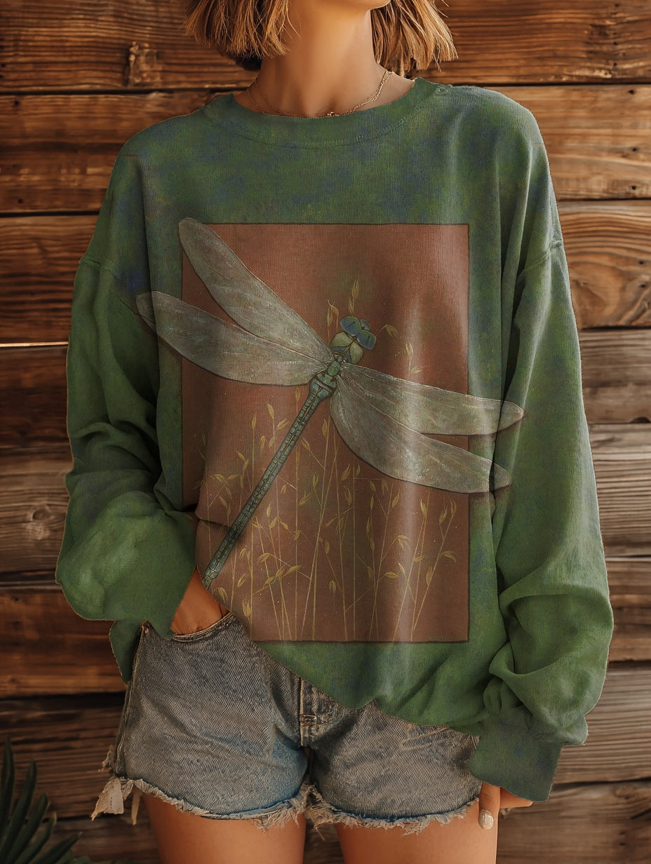 Women's Retro Dragonfly Print Casual Crew Neck Sweatshirt