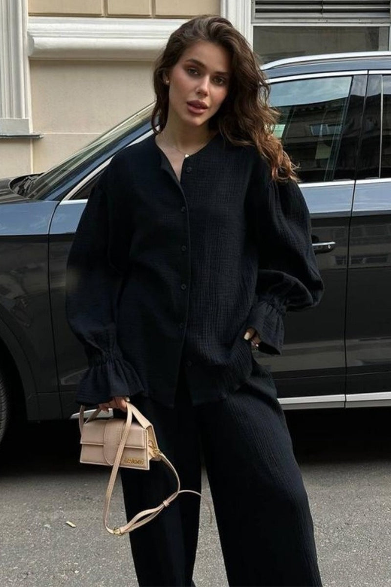 Balloon Sleeve Cotton Cardigan Wide Leg Pants Set