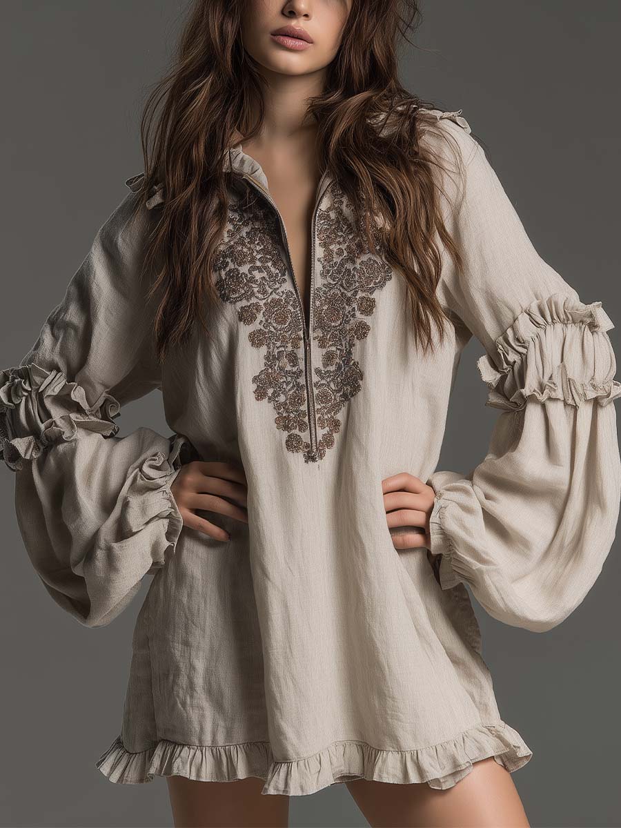 Ruffled Embroidered Boho Mini Dress