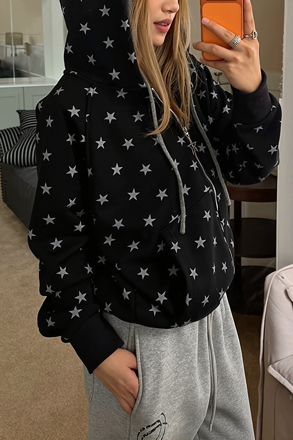 Casual Full Star Print Zip Hoodie