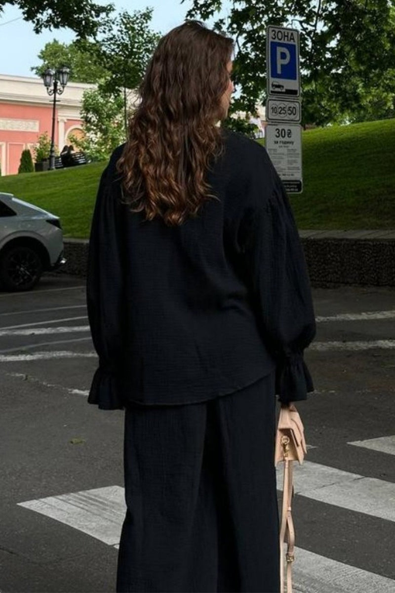 Balloon Sleeve Cotton Cardigan Wide Leg Pants Set