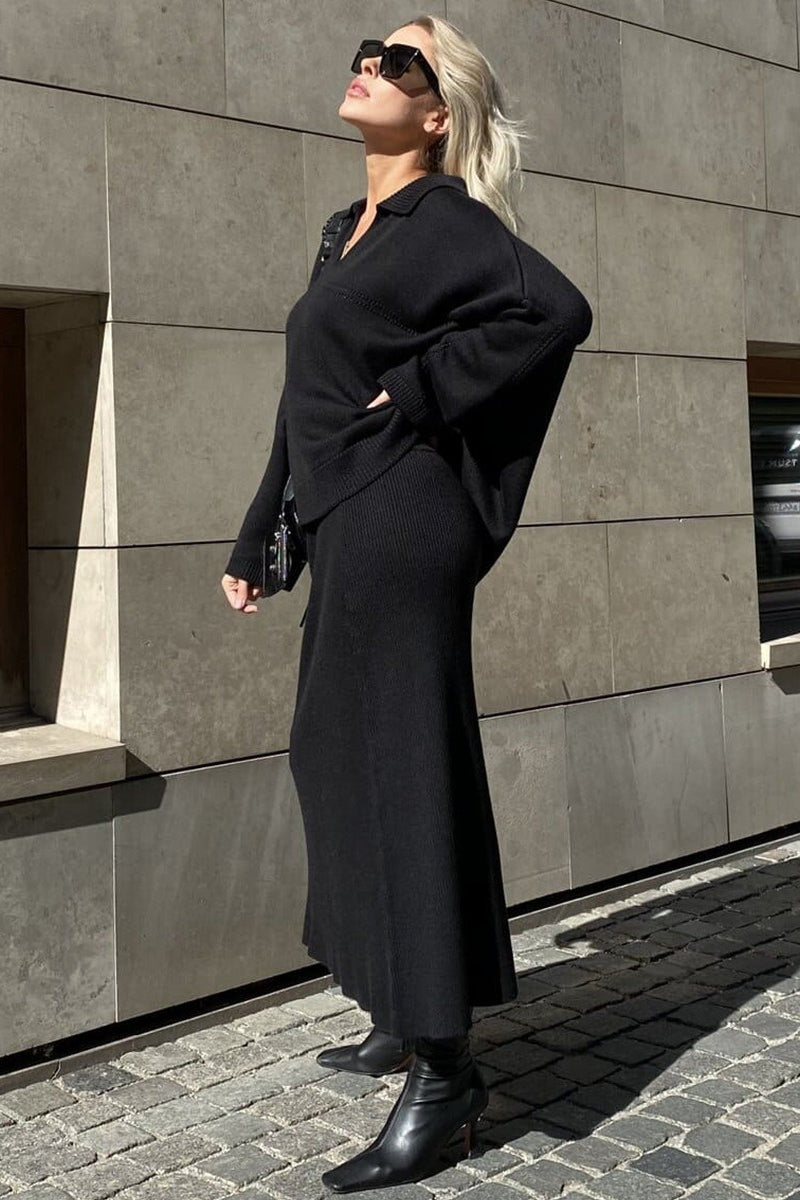 V Neck Sweater Midi Skirt Knit Set