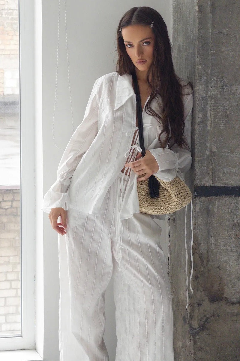 Collared Tie Front Sheer Shirt Pants Set