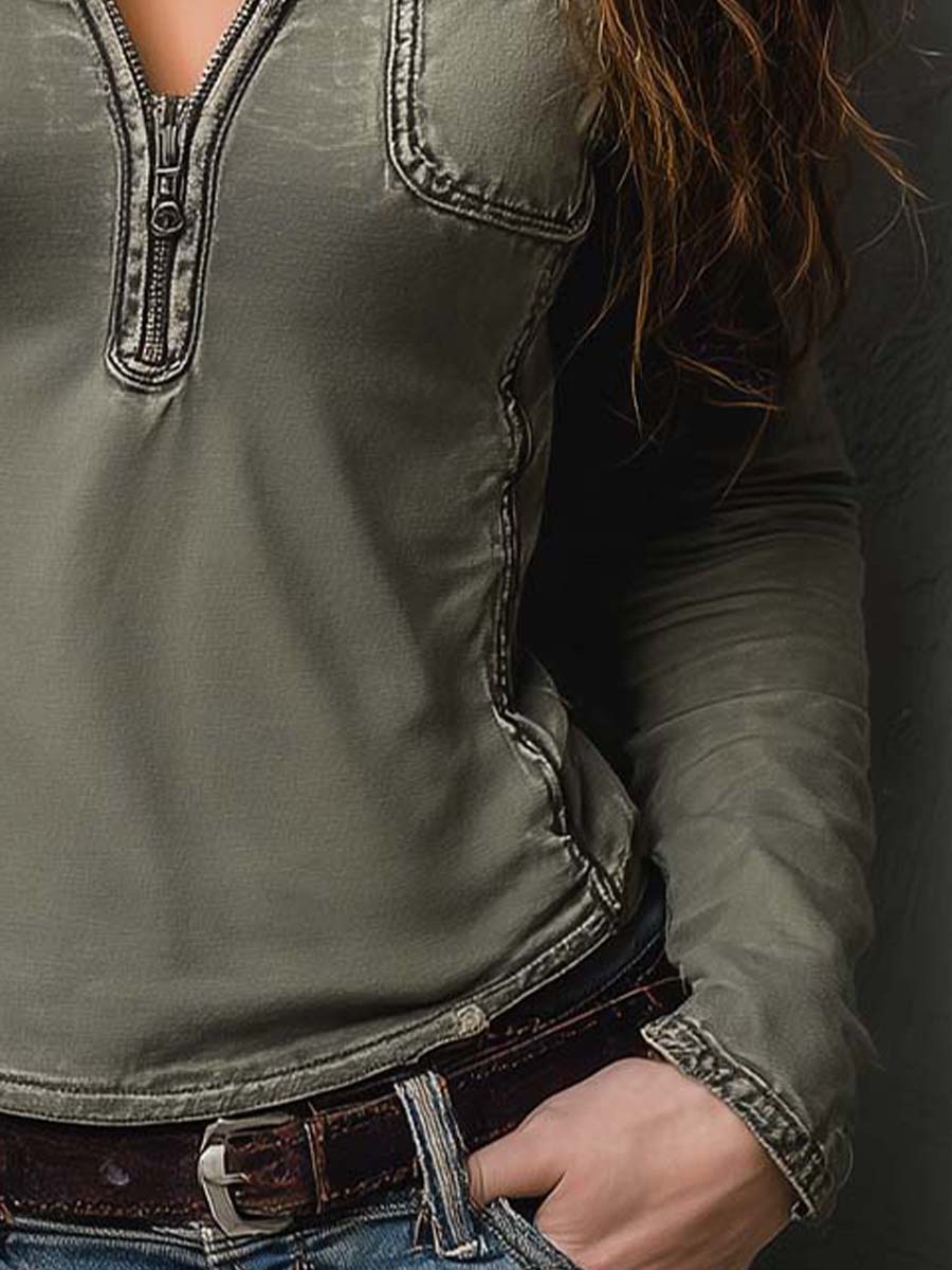 Slim Fit Western Utility Washed Green Zip-Up Top
