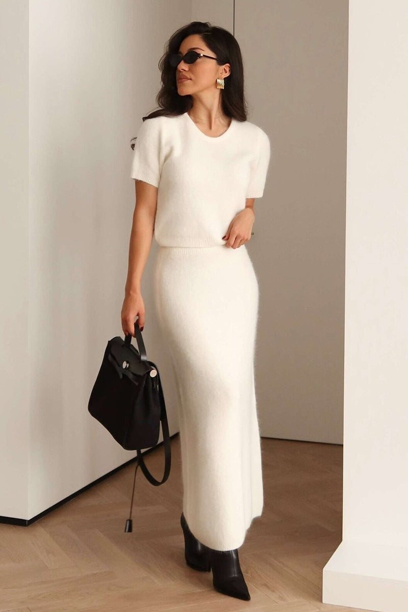 Fuzzy Short Sleeve Knit Top Midi Skirt Set