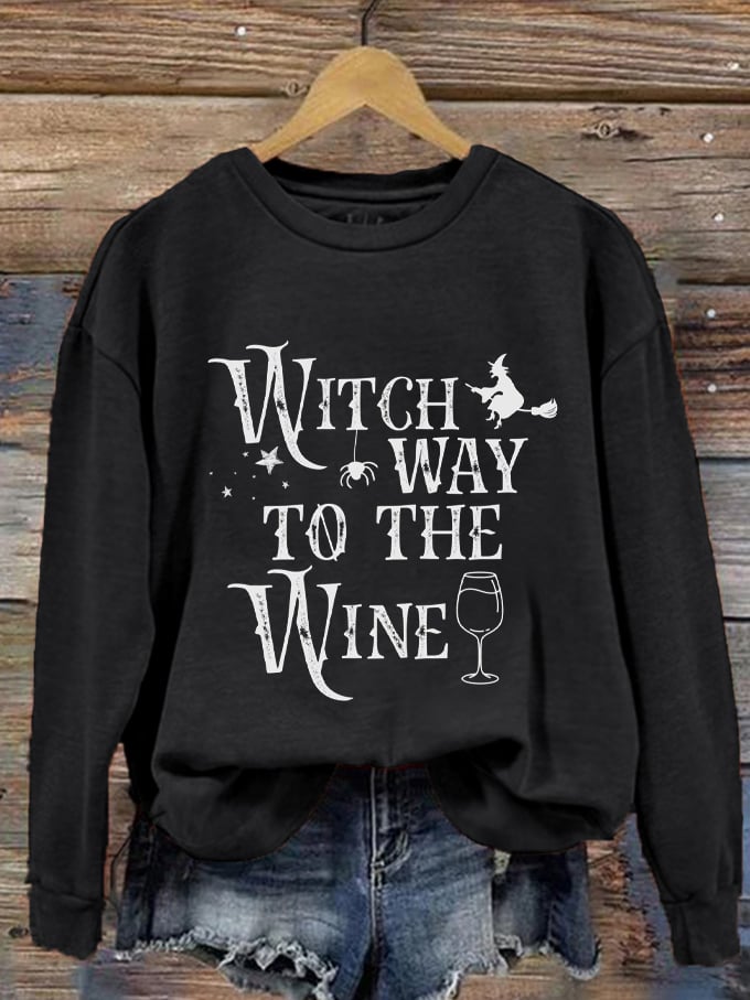 Women's Halloween Witch Way To The Wine Print Sweatshirt