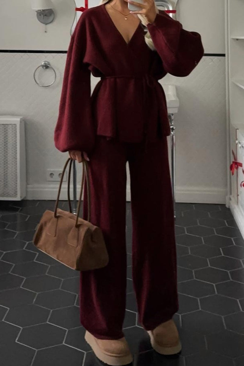 V Neck Tie Waist Knit Top Wide Leg Pants Set