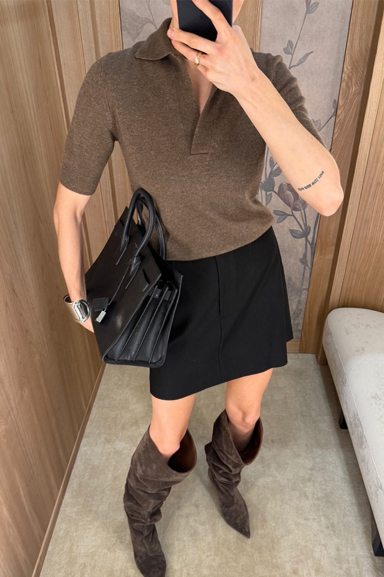 Open Collar Short Sleeve Polo Knit Sweater
