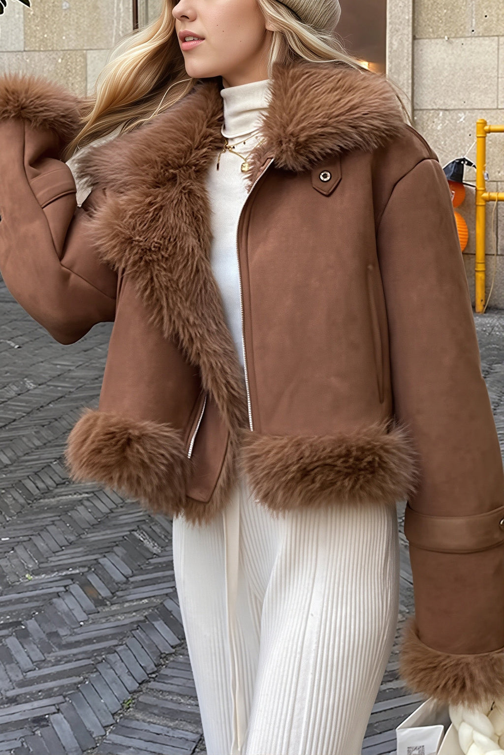 Oversized Fur Collar Suede Look Coat