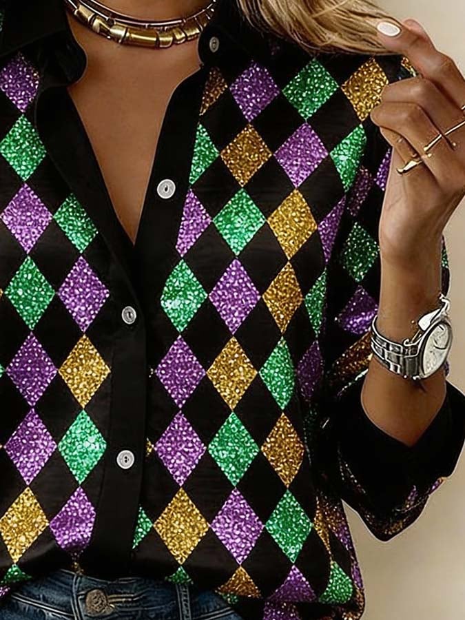 Women'S Casual Lapel Color-Block Printed Shirt