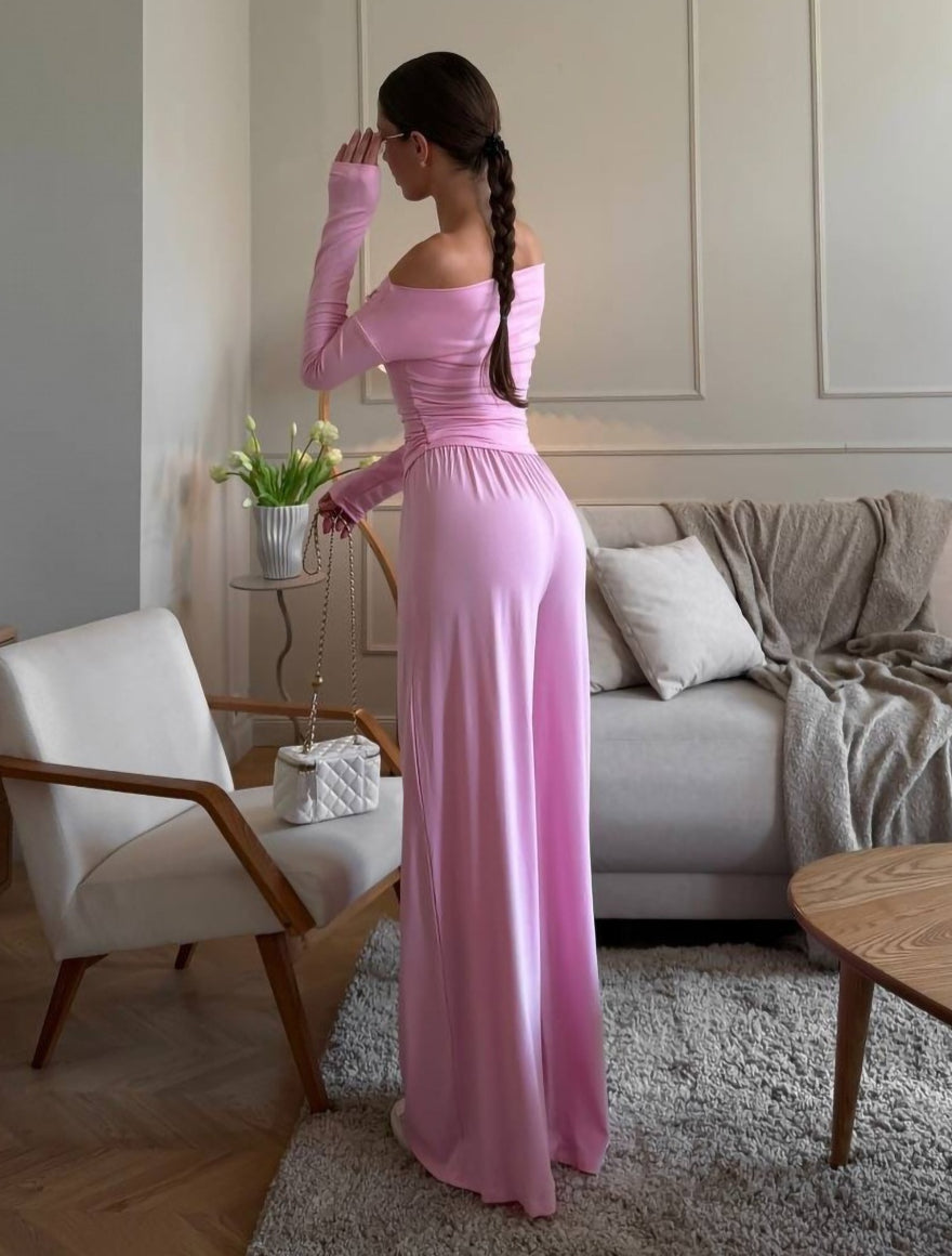 Off Shoulder Knit Top Wide Leg Pants Set