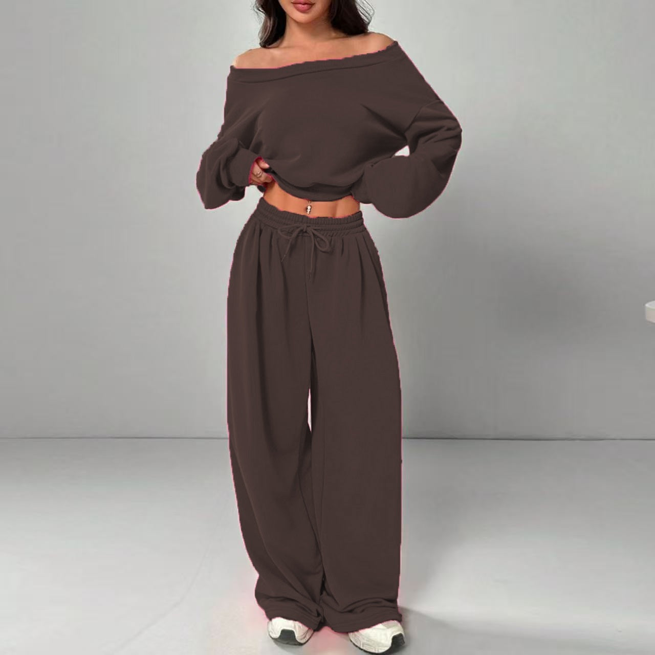 Fashion Slim-fit Off-the-shoulder Navel Solid Color Casual Pants Suit