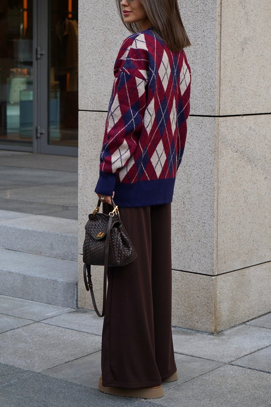Thick Plaid V Neck Loose Long Sleeve Knit Cardigan