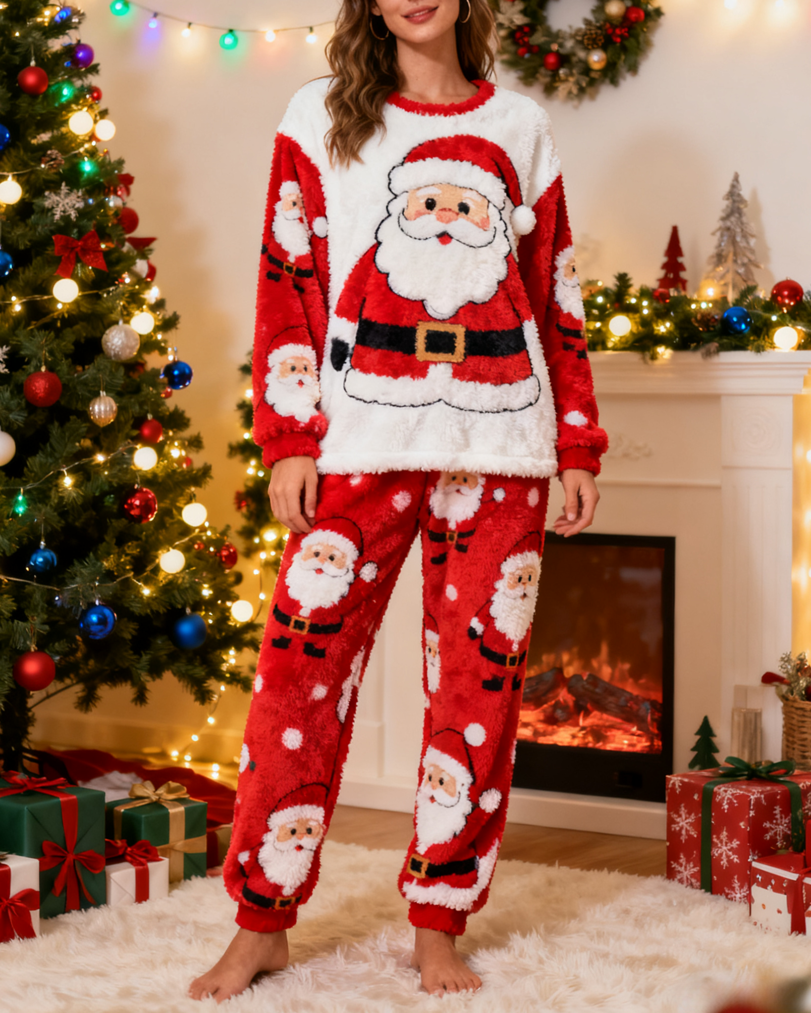 Women's Fuzzy Loungewear Set Christmas Santa Round Neck Loose Long Sleeve Pants Set
