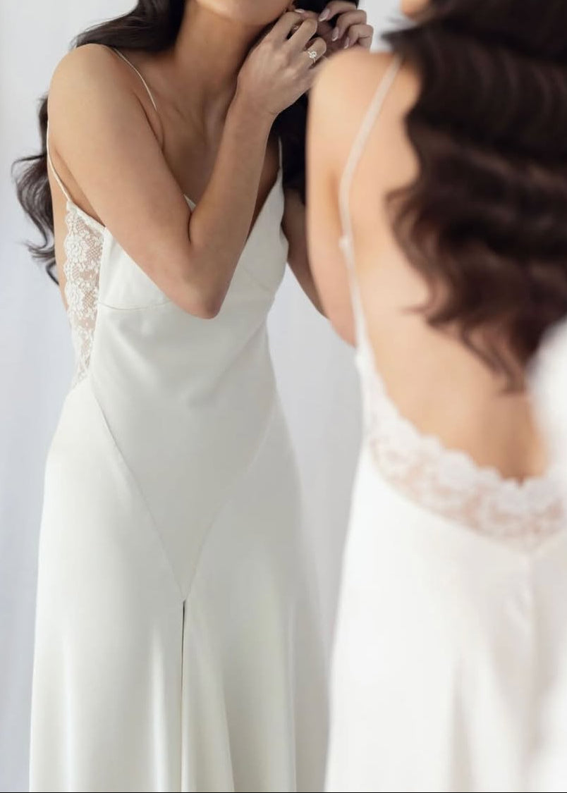 Spaghetti Strap V-Neck Lace Trim Open Back High Slit Satin Maxi Slip Dress