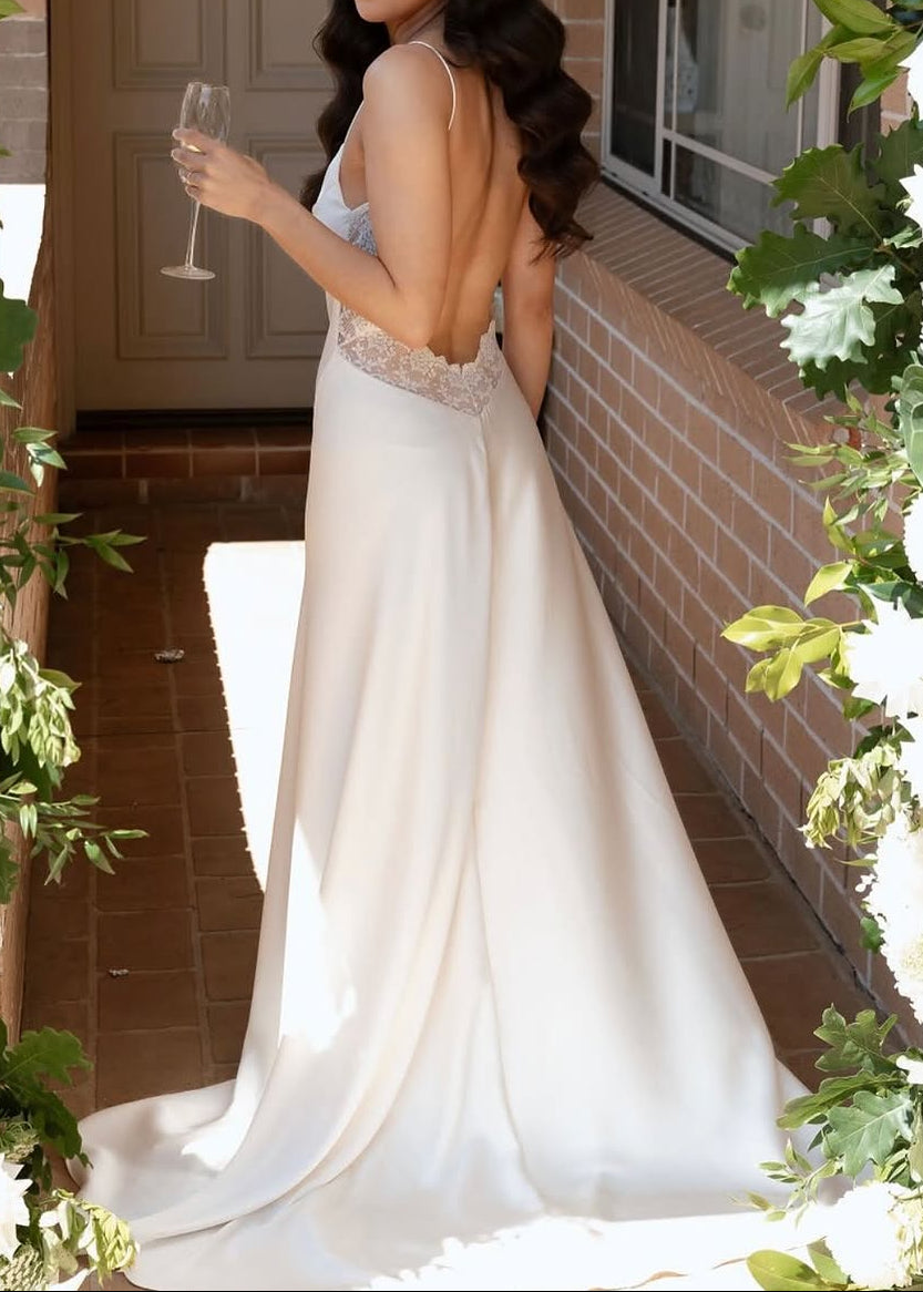 Spaghetti Strap V-Neck Lace Trim Open Back High Slit Satin Maxi Slip Dress
