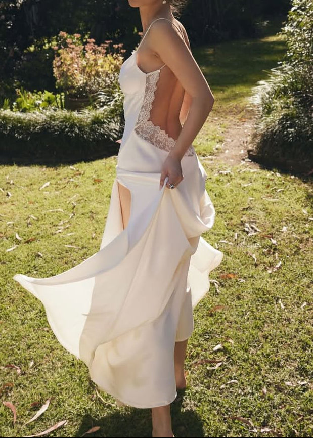 Spaghetti Strap V-Neck Lace Trim Open Back High Slit Satin Maxi Slip Dress