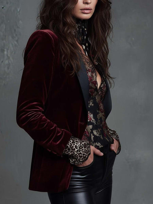 Burgundy Velvet Tailored Blazer With Black Contrast Lapel