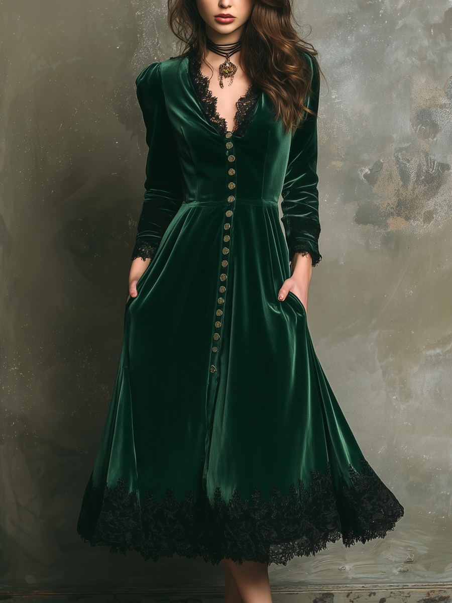 Vintage Lace Trim Long Sleeve Velvet Midi Dress