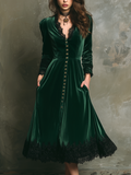 Vintage Lace Trim Long Sleeve Velvet Midi Dress
