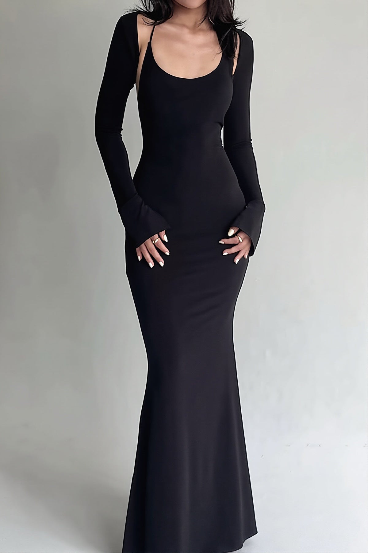 Open Back Overlay Sleeve Bodycon Maxi Dress