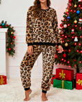 Women's Fuzzy Loungewear Set Christmas Round Neck Leopard Long Sleeve Pants Set