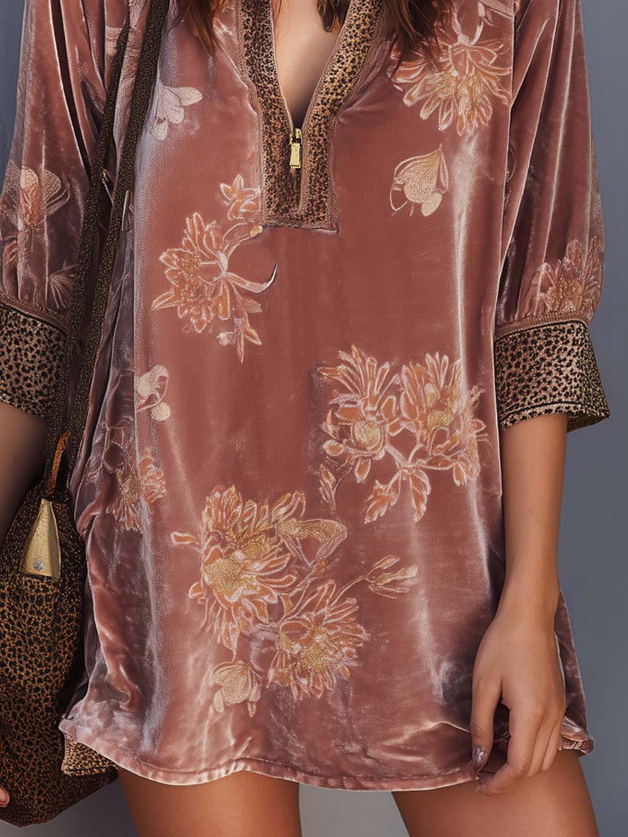 Retro Zip-up Collar Leopard Print Floral Polyester Velvet Mini Dress