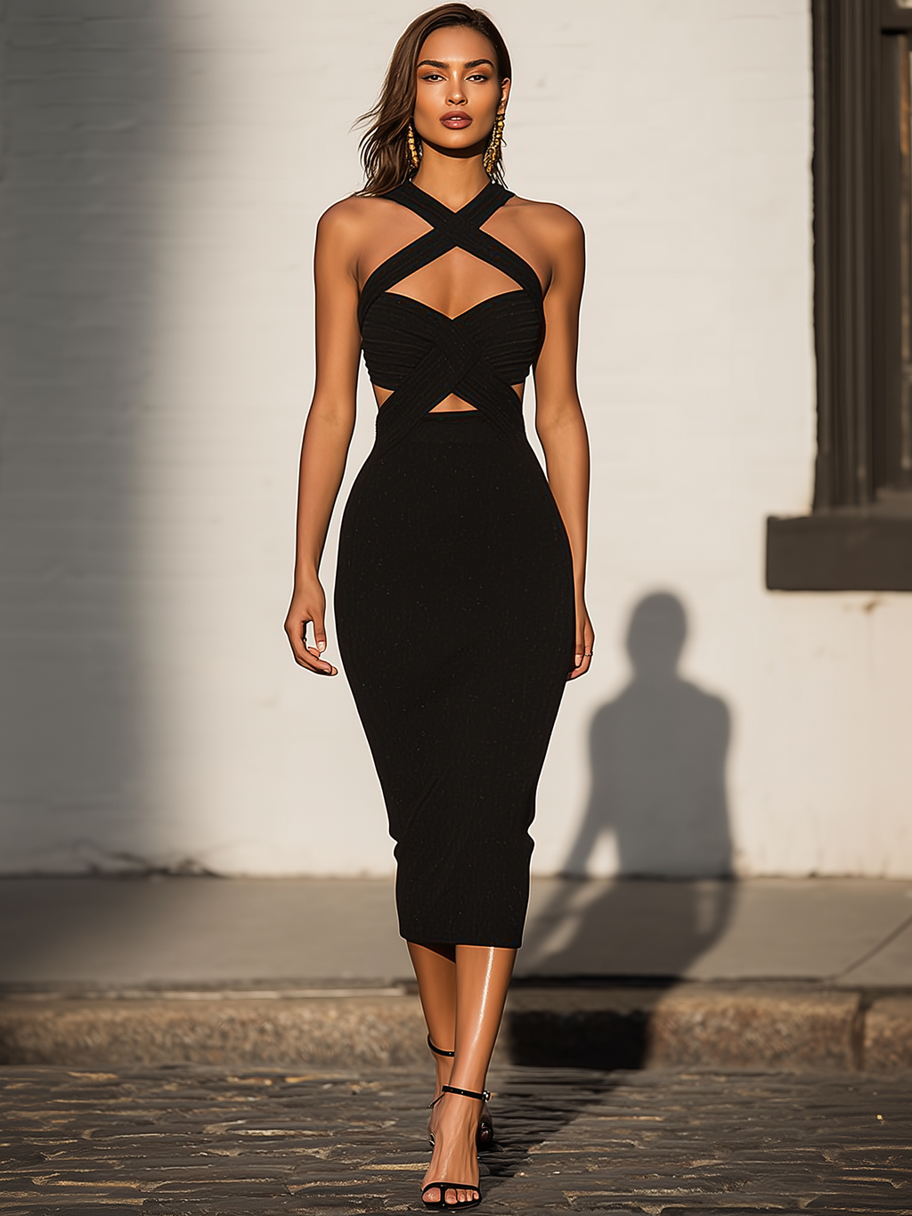 Chic Criss Cross Detail Halter Midi Dress