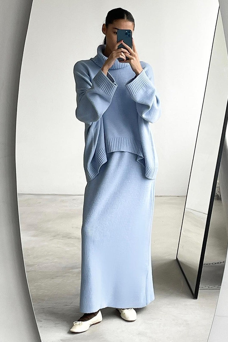 Turtleneck Oversized Sweater Maxi Skirt Set