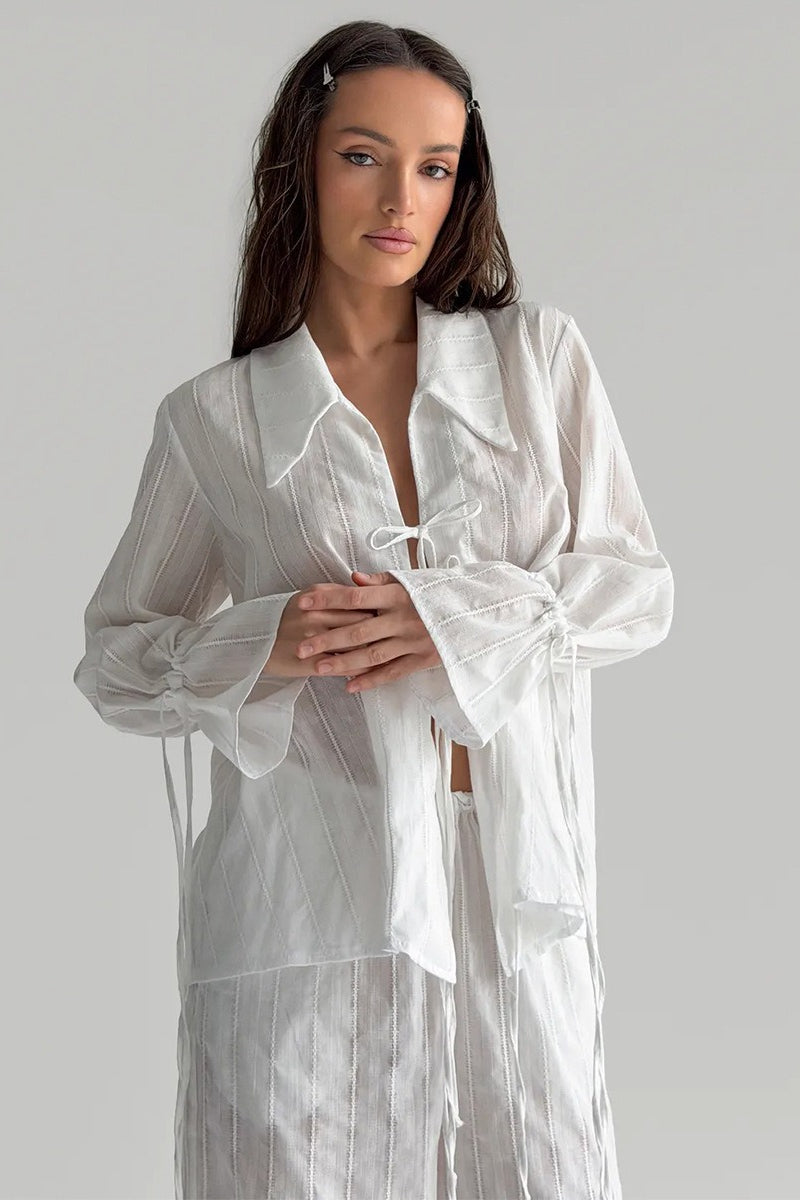 Collared Tie Front Sheer Shirt Pants Set