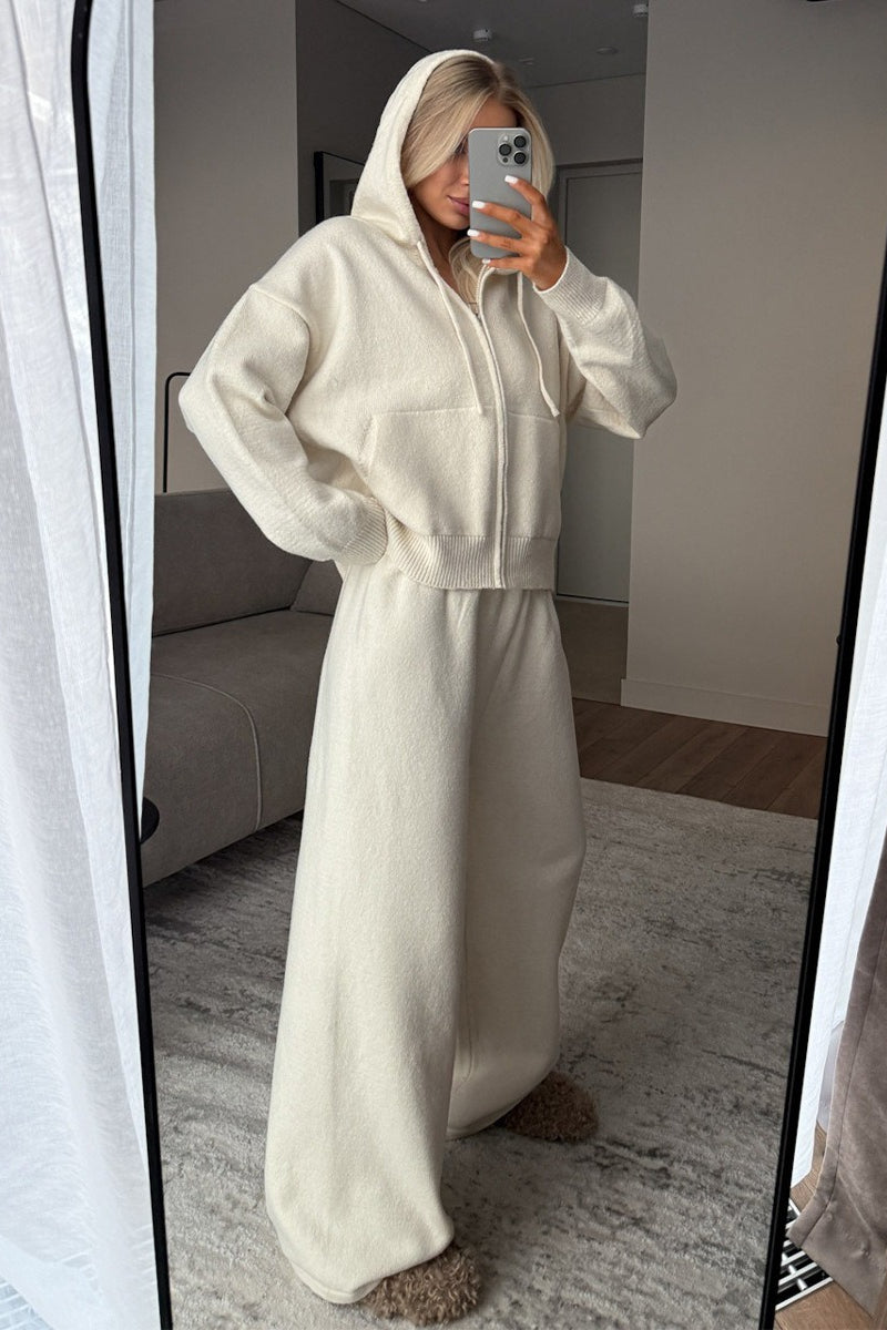 Hooded Zip Knit Top Wide Leg Pants Set