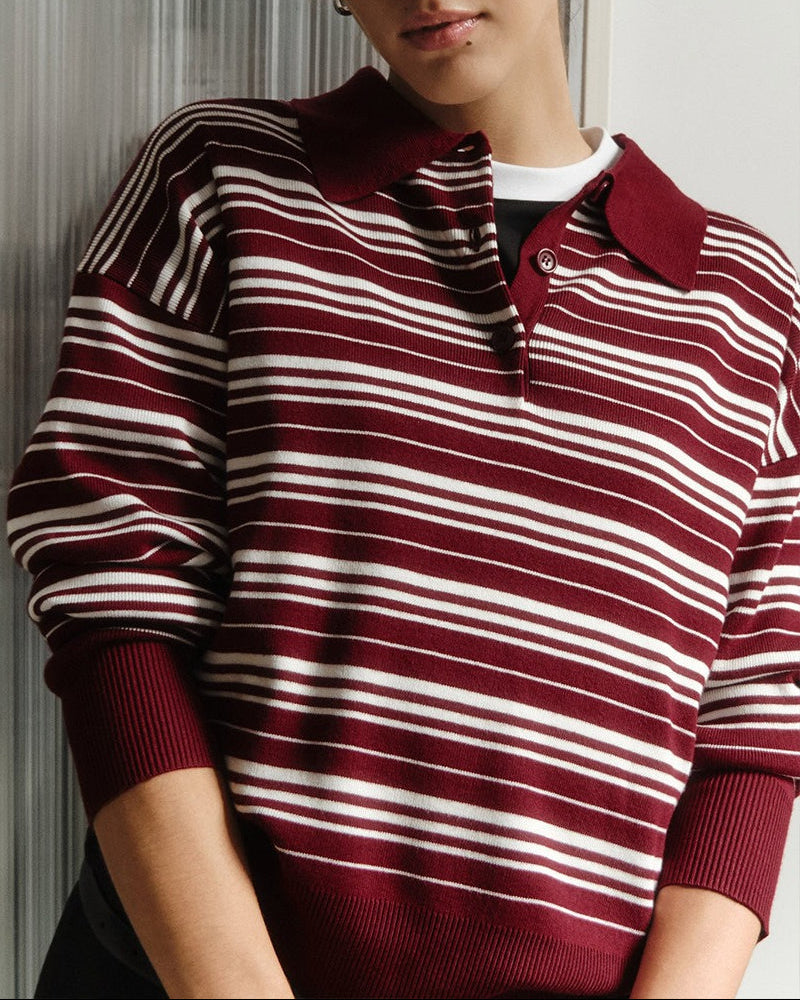 Color-block Stripe Fitted Polo Knit Blouse