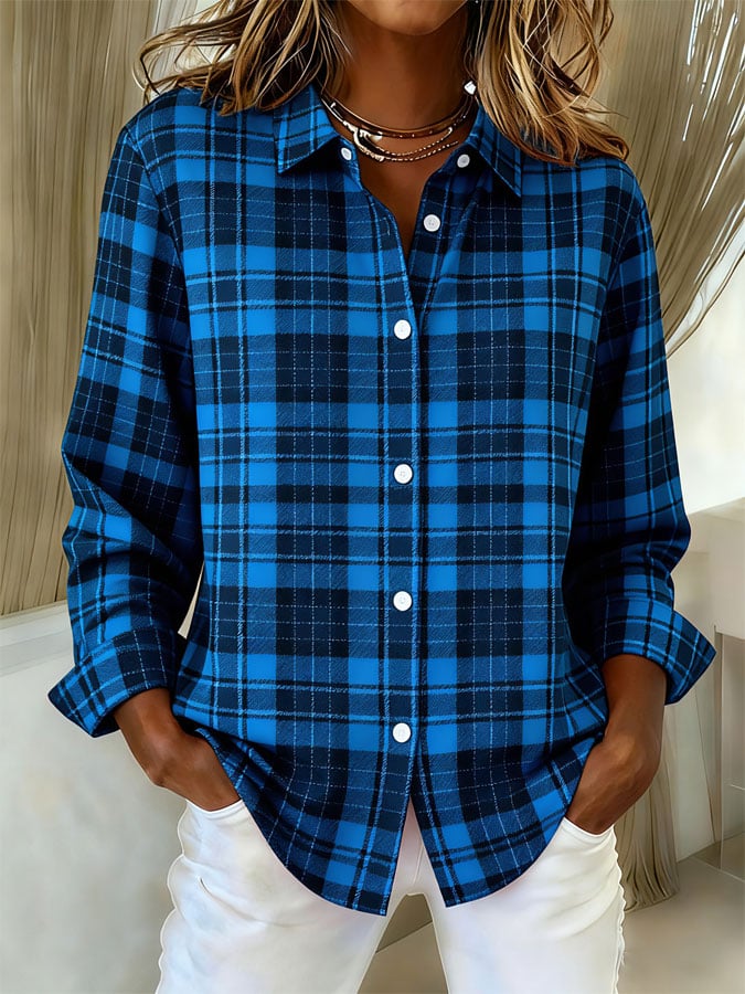 Women's Casual Christmas Print Lapel Long Sleeve Shirt