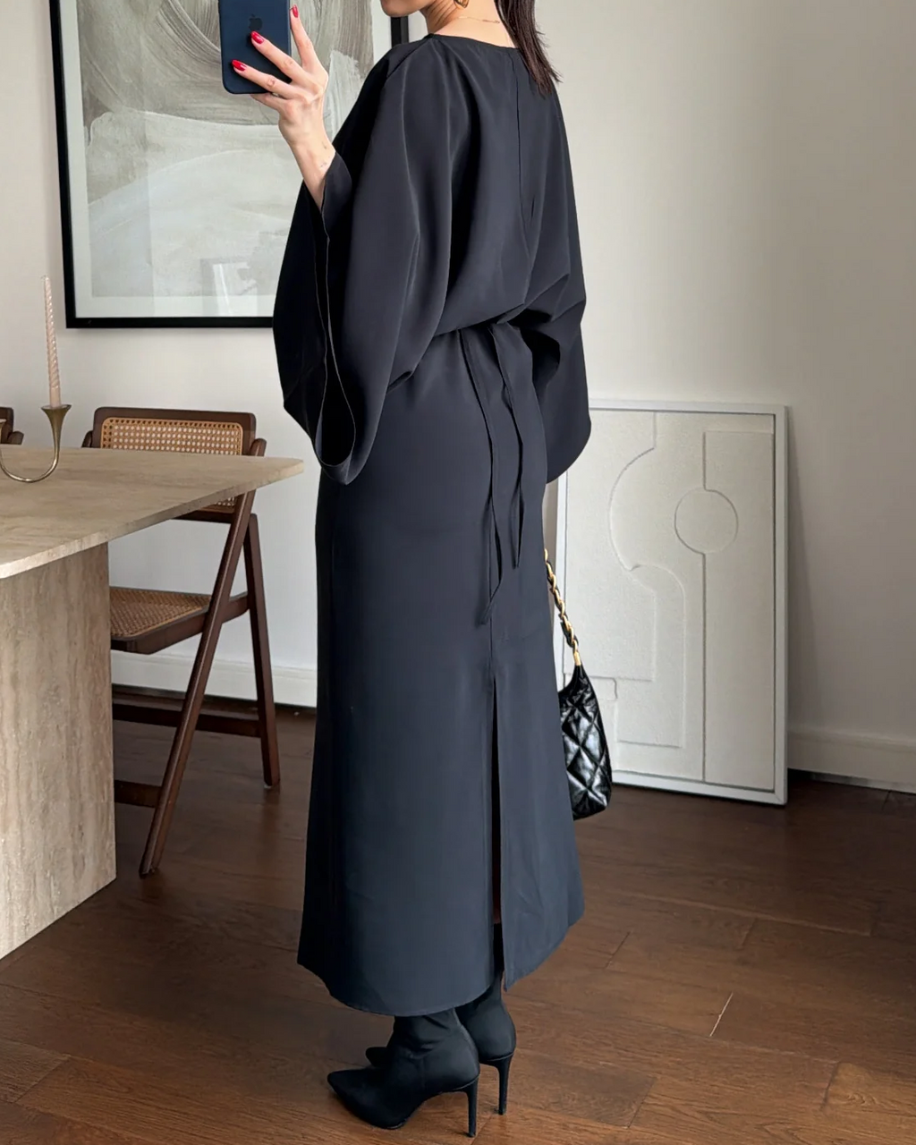 Batwing Sleeve Drawstring Waist Midi Dress