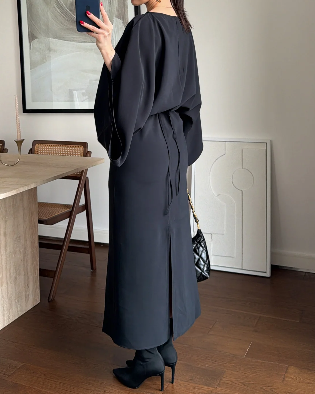 Batwing Sleeve Drawstring Waist Midi Dress