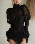 Black High Neck Sheer Puff Sleeve Ruched Mini Dress